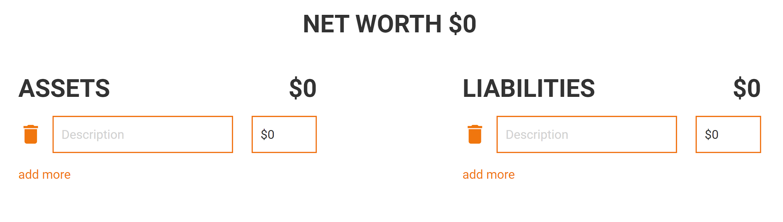 An image of the Net Worth Activity, where you can list your assets and liabilities.